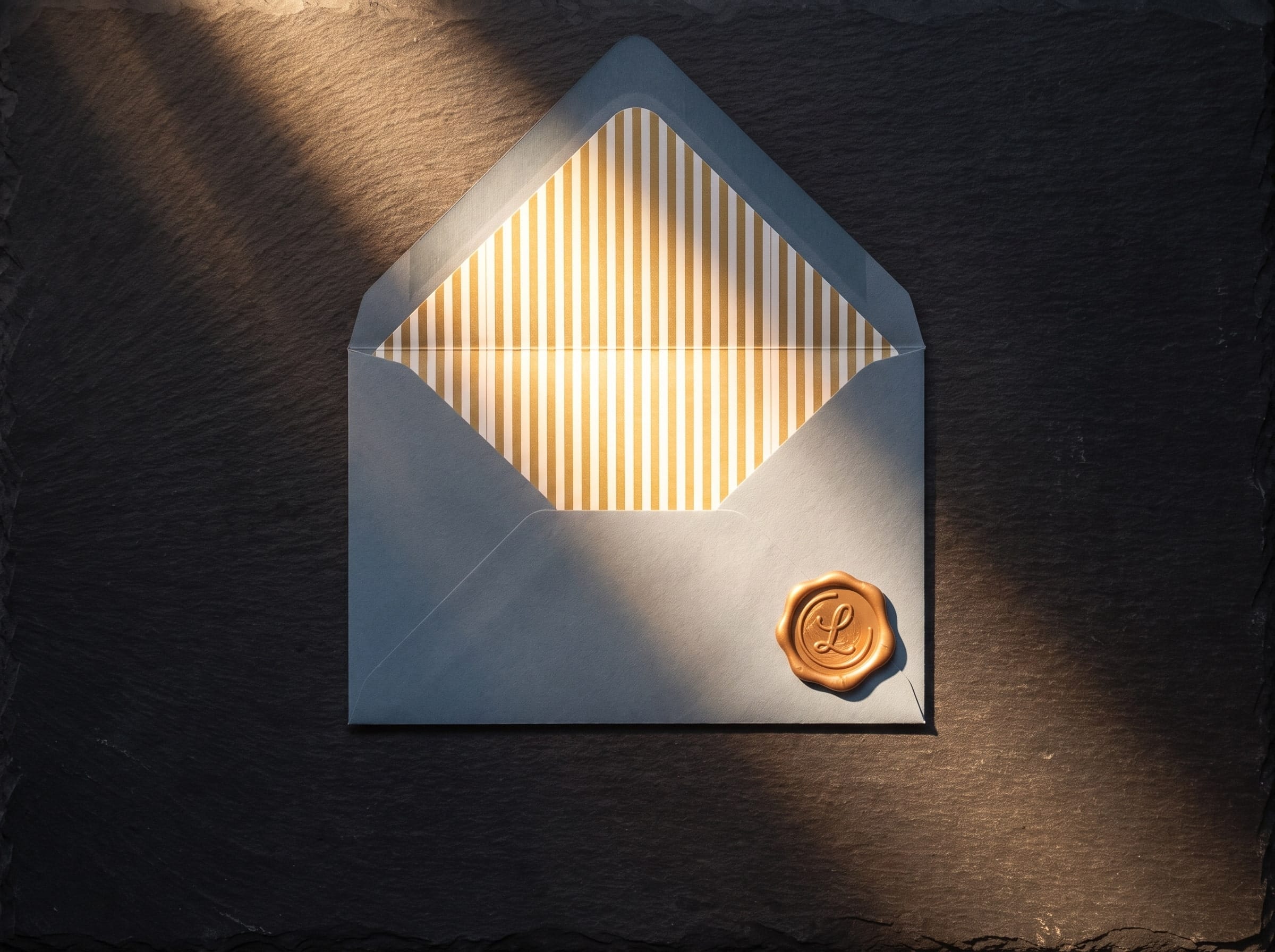 A cream envelope with a gold wax seal glowing in a shaft of sunlight against a dark stone background