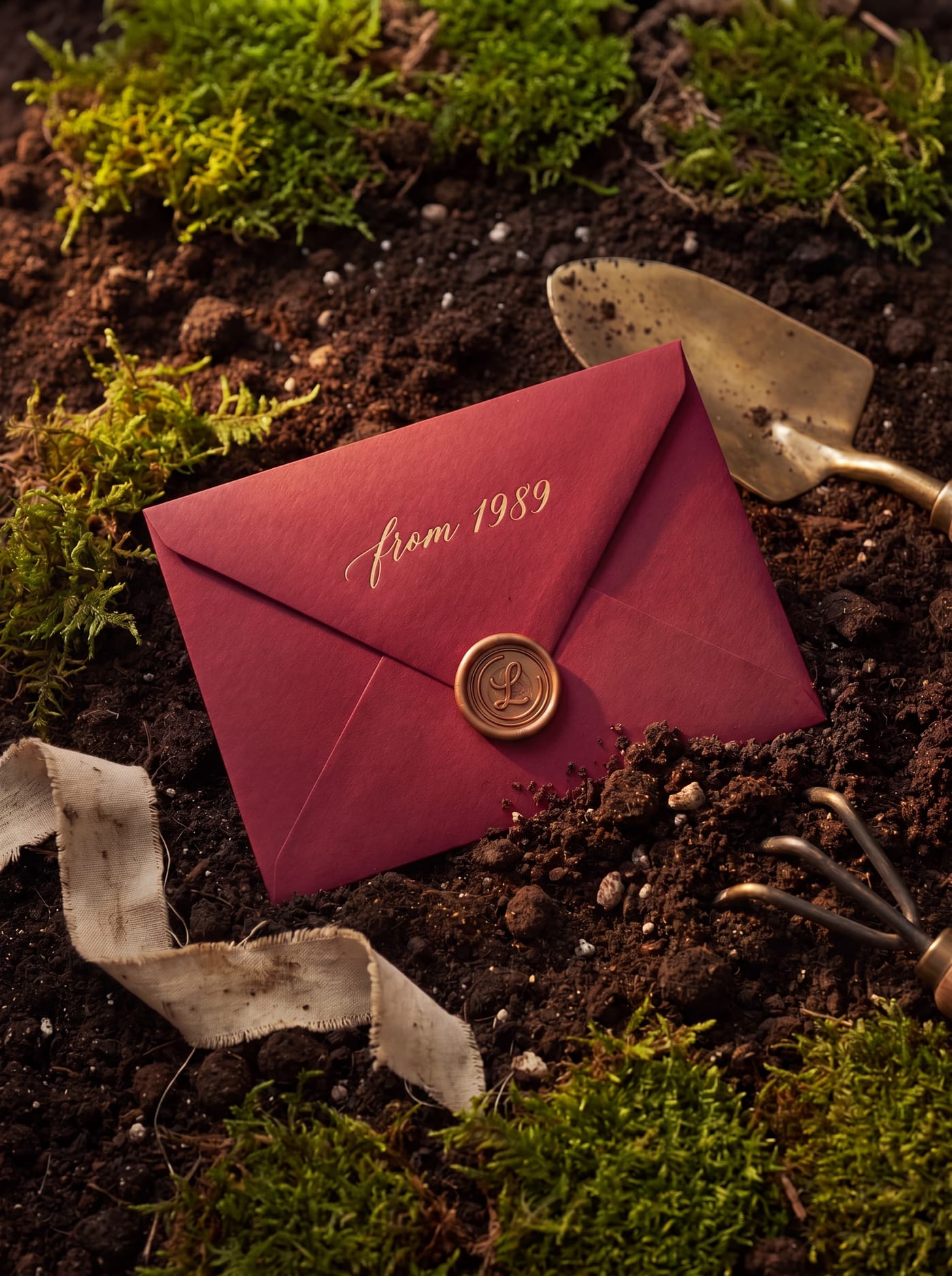 A maroon envelope reading 'from 1989' resting in garden soil beside vintage brass tools and moss